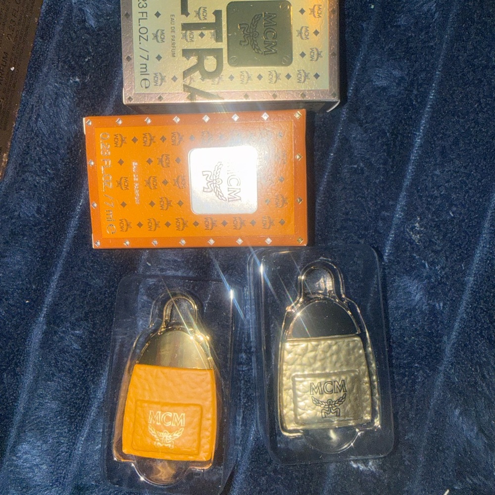 MCM Orange and Gold Mini Bag Charm Set